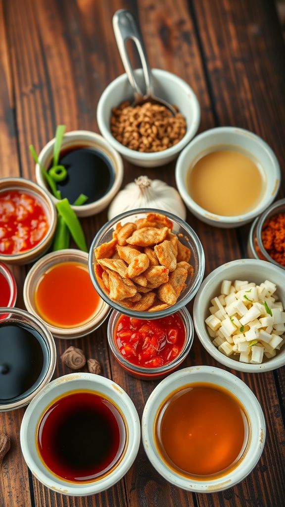 A collection of colorful sauces inspired by anime, with fresh ingredients on a wooden table.